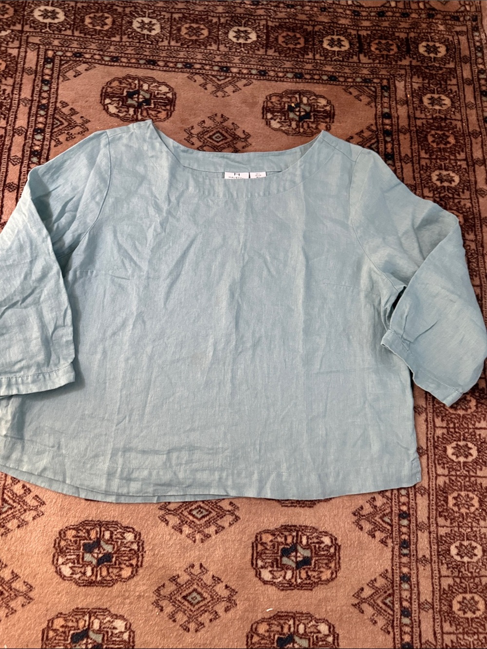 Halston 100% Linen light turquoise blue 3/4 sleeve top